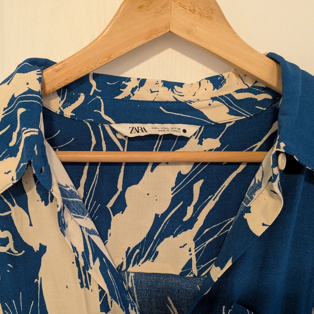 Zara Blue and Cream Long Sleeve Dress - Picture 2 of 2